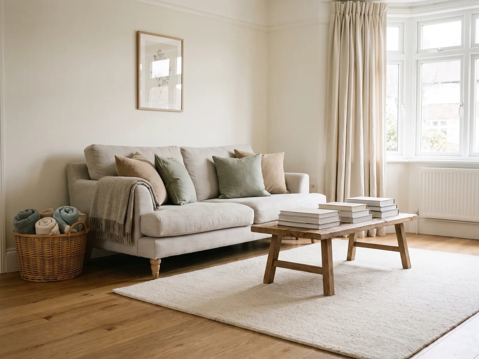 Bright, tidy family living room with sofa, rug and toy basket at a LinkStays property