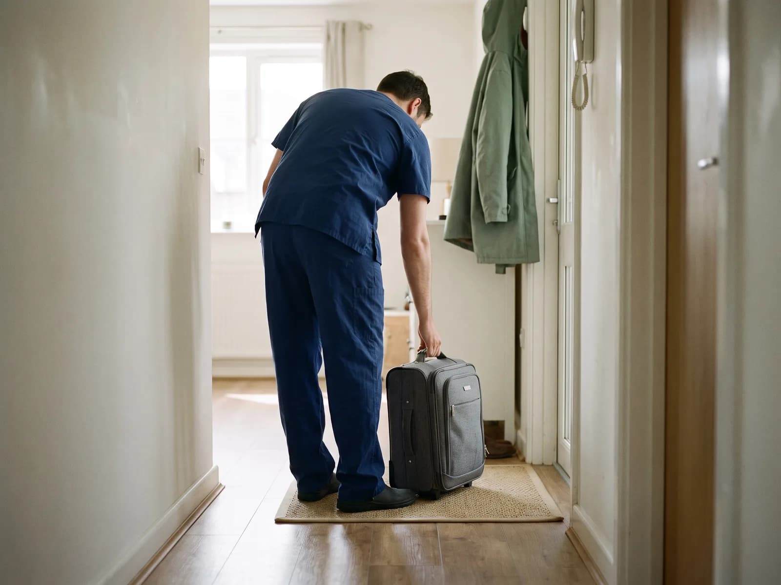 Healthcare worker arriving with a suitcase at a LinkStays key worker apartment